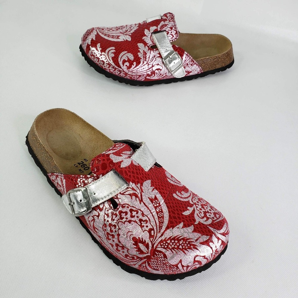 Betula Birkenstock Clogs Women 40 US 9 Red Silver Damask Floral Mules Buckle